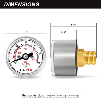 0-60Psi/400Kpa Pressure Gauge, 1 Inch Dial, 1/8" NPT Back Mount, Mini Air Pressure Gauge, 304 Stainless Steel Case, for Water Pumps, Air Compressors Pressure Test