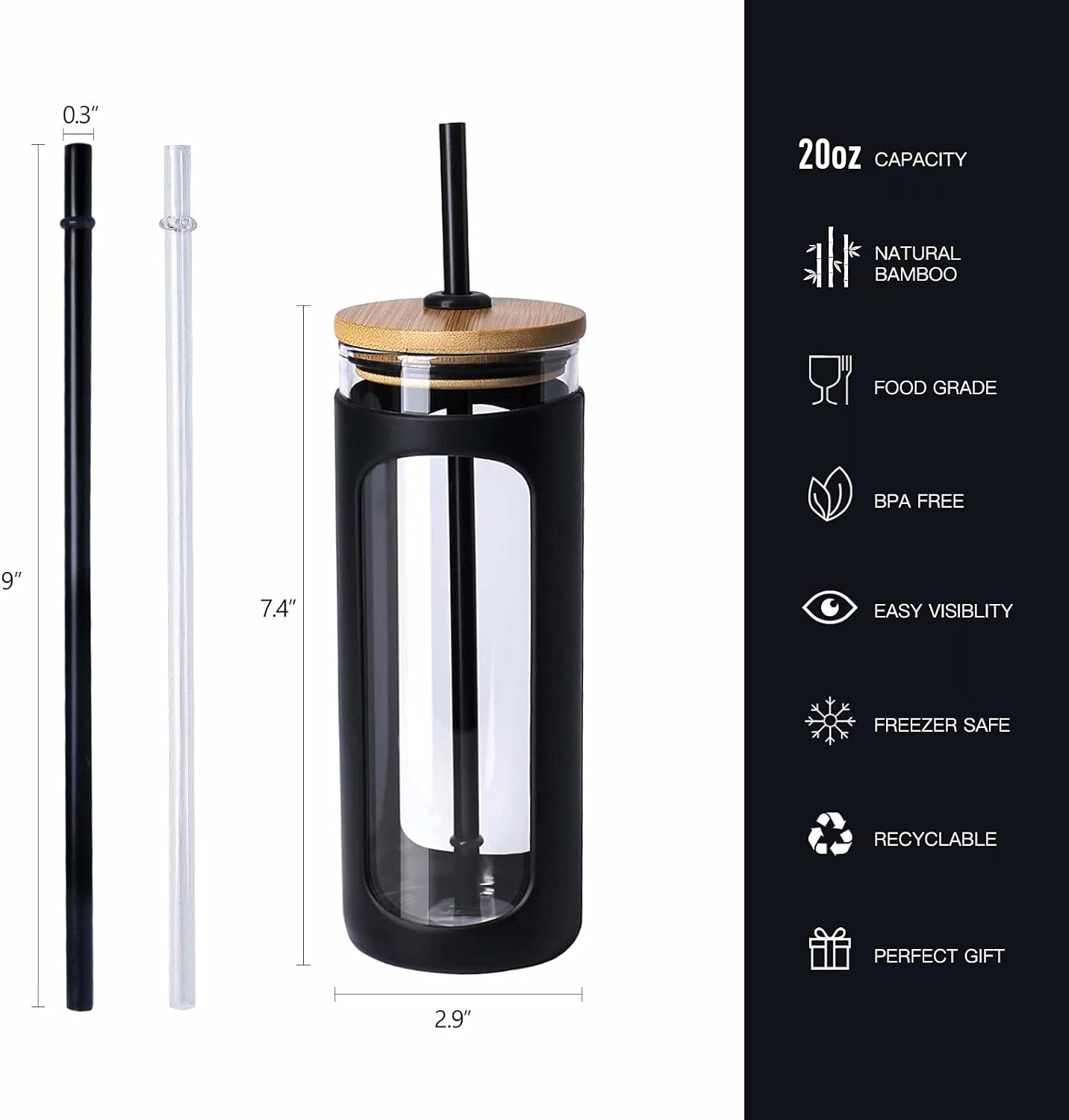 Kodrine 20oz Glass Tumbler with Straw and Lid, Bamboo Lids Water Bottle, Reusable Iced Coffee Cups, Wide Mouth Smoothie Cup with Protective Silicone Sleeve BPA FREE-Black-2pack