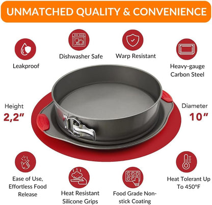 Boxiki Kitchen 10 Inch Nonstick Springform Pan, Professional Spring Form and Cheesecake Baking Mold, Leakproof Cake Pan with Silicone Handles