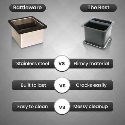 Rattleware Stainless Steel Knock Box 6"x5.5"x4" | Heavy-Duty Espresso Grounds Container with Welded Bar | Durable Rust-Resistant Coffee Knockout Box with Non-Slip Rubber Base for Professional Baristas