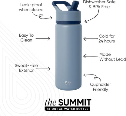 Simple Modern Kids Water Bottle with Straw Lid | Vacuum Insulated Stainless Steel Metal | Reusable Leak Proof BPA-Free Thermos for School | Summit Collection | 18oz, Blue Dune