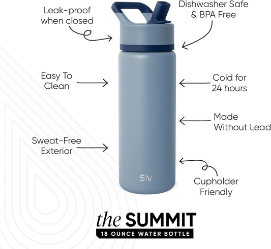 Simple Modern Kids Water Bottle with Straw Lid | Vacuum Insulated Stainless Steel Metal | Reusable Leak Proof BPA-Free Thermos for School | Summit Collection | 18oz, Blue Dune