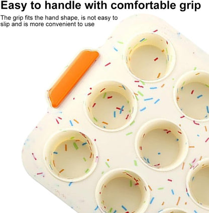 Silicone Muffin Pan,12 Cups Muffin Baking Pan with Handle Reusable Cupcake Baking Pan for Roasting Homemade Muffins, Cupcakes and Egg Bites(COLOR:Beige)
