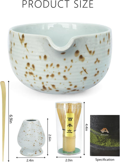 Artcome Matcha Tea Set - Ceramic Matcha Bowl with Pouring Spout, Bamboo Whisk, Whisk Holder, Tea Scoop & Matcha Manual – Complete Traditional Japanese Tea Ceremony Kit for Home, Office, or Gift, Brown