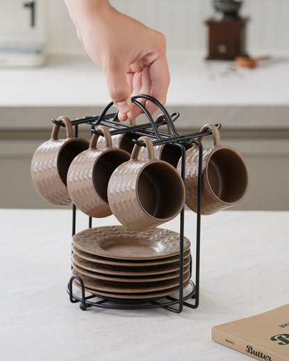 Espresso Cups Set, 4 Oz Porcelain Coffee Cups with Saucer and Metal Stand Small Cappuccino Cups Set of 6 Demitasse Cups for Espresso, Latte, Cafe Mocha, Cappuccino, and Tea, Brown