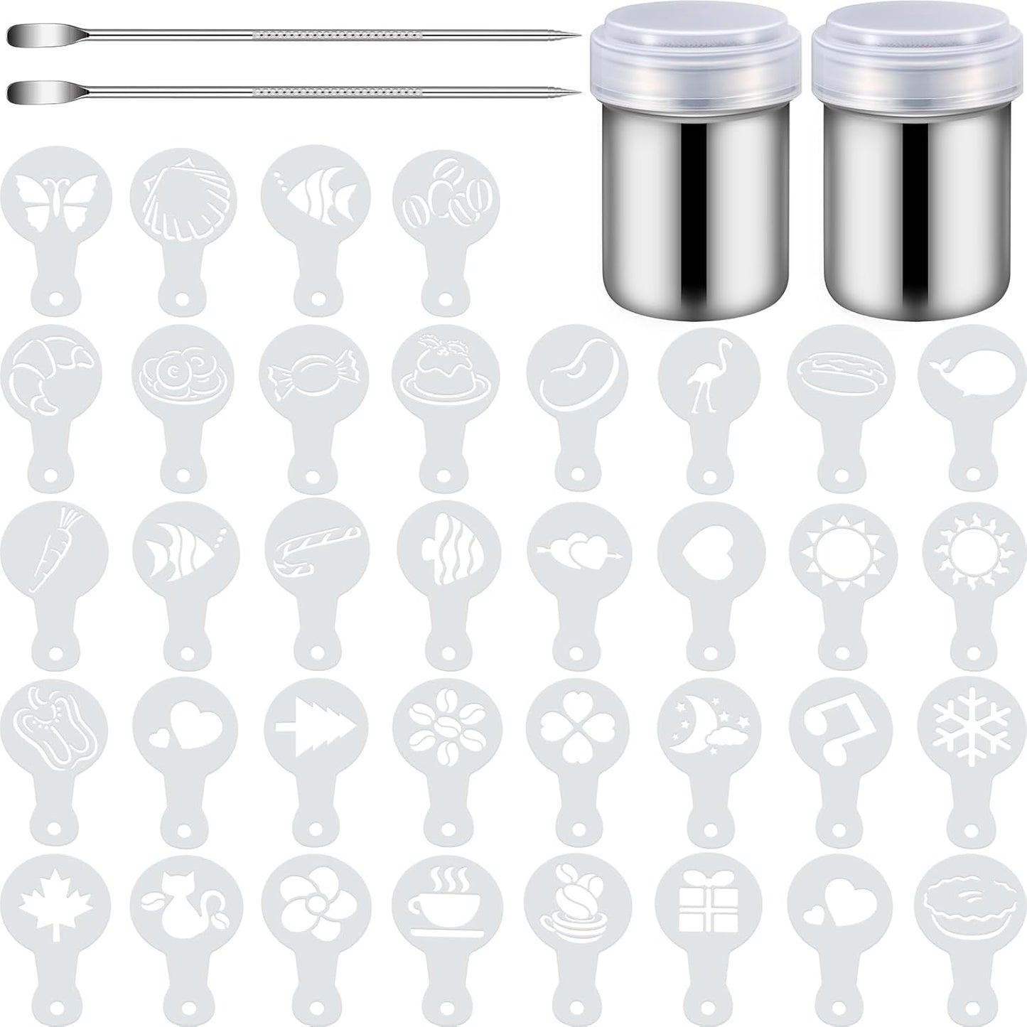 72 Pieces Coffee Decoration Stencils Latte Art Template Coffee Mold Tool with 2 Latte Art Pen 2 Dusting Jars Mesh Powder Shaker for Cake Cookie Decorating Oatmeal Cappuccino Hot Chocolate