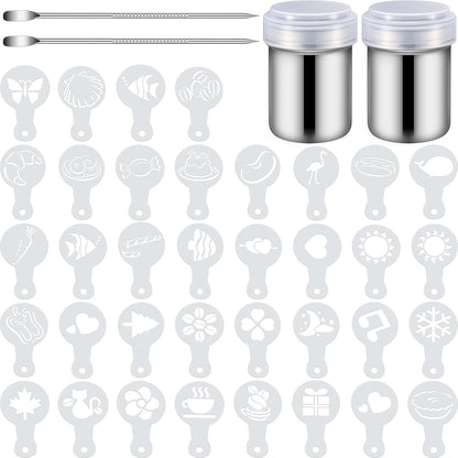 72 Pieces Coffee Decoration Stencils Latte Art Template Coffee Mold Tool with 2 Latte Art Pen 2 Dusting Jars Mesh Powder Shaker for Cake Cookie Decorating Oatmeal Cappuccino Hot Chocolate