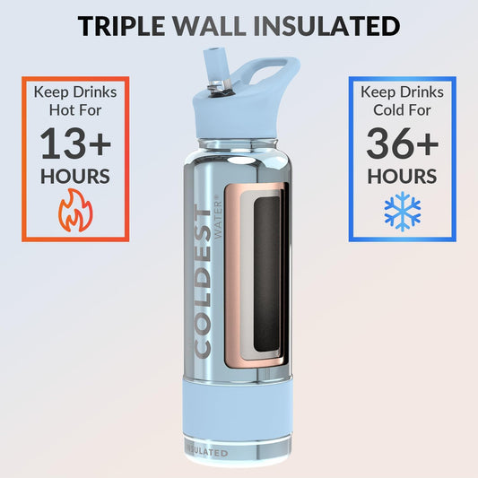 Coldest Insulated Water Bottle with Straw Lid - Stainless Steel Metal Insulated Bottle for Men & Women (Blue Reflections, 40 oz)