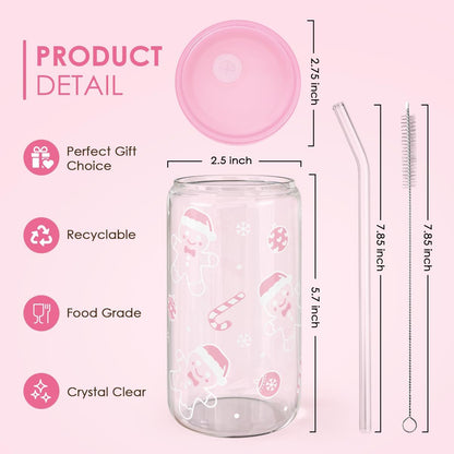 Christmas Gingerbread 16oz Can Glass Tumbler with Acrylic Lid & Straw, Iced Coffee Cup for Women Girls, Aesthetic Cups Gifts for Xmas