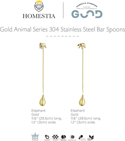 Homestia Gold 12-Inch Stainless Steel Cocktail Spoon with Elephant Bear Handle - Perfect for Mixing & Layering Drinks in Tall Cups, Bar & Shakers - Durable Long Handle Bar Stirrer, 2-Pieces