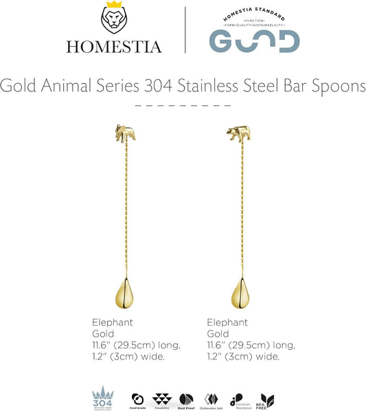 Homestia Gold 12-Inch Stainless Steel Cocktail Spoon with Elephant Bear Handle - Perfect for Mixing & Layering Drinks in Tall Cups, Bar & Shakers - Durable Long Handle Bar Stirrer, 2-Pieces