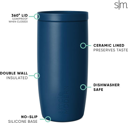 Simple Modern Travel Coffee Mug Tumbler with 360° Lid | Ceramic-Lined Insulated Stainless Steel Cold Brew Iced Coffee Cup Thermos | Gifts for Women Men Her Him | Voyager Signature | 16oz | Slumberland