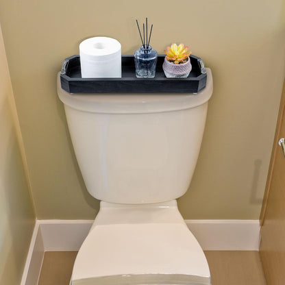 MyGift 16 Inch Modern Matte Black Toilet Tank Tray, Bathroom Sink Counter Solid Wood Octagonal Organizer with Aged Bronze Metal Handles, Wooden Vanity Storage Decor