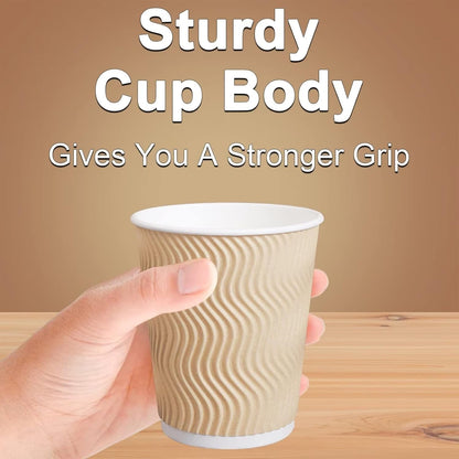 Hot Paper Cups_12 oz Disposable Insulated Corrugated Sleeve Ripple Wall Paper Cup 100 pcs,12oz Cups for Drink，Hot Coffee Cups (Brown)