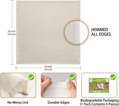 Organic Cheese Cloths, GOTS Certified, 4PCS, Grade 100,20x20Inch Hemmed Cheese Cloth Fabric Reusable Fine Mesh Cloth, 100% Cotton Unbleached Muslin Cheesecloth for Straining, Cooking, Butter,Tea,Tofu