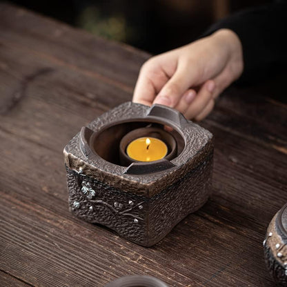 Teapot Warmer Matte Classic Retro Ceramic Universal Tea Warmer Stand Set with Candle Holder Japanese Style for Warming Tea, Coffee and Milk etc.