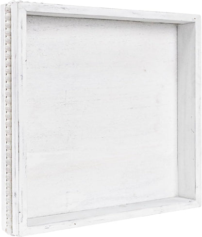 MAONAME Wood Serving Tray, Farmhouse Wooden Tray for Coffee Table, Rustic Square Trays with Beads, Vintage White Decorative Trays for Living Room, Kitchen, 12" X 12" X 1.6"