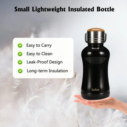 YOHKOH Mini Insulated Water Bottle With Bamboo Lid - 8.8oz Small Vacuum Insulated Water Bottle for Women Kids, 12 Hrs Hot & 24 Hrs Cold Stainless Steel Thermos Leak-Proof BPA-Free (8.8oz,Black)