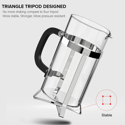 QUQIYSO French Press Coffee Maker 304 Stainless Steel French Press with 4 Filter, Heat Resistant Durable, Easy to Clean, Borosilicate Glass Coffee Press, 100% BPA Free Glass Teapot, 21 ounce, Silver
