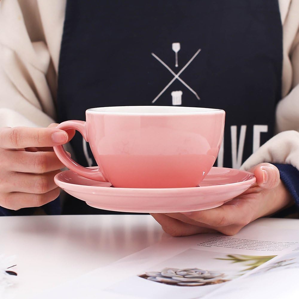 Americano Coffee Cup and Saucer Latte Art Cappuccino Barista Cups, New Bone China Coffee Shop (Glossy Pink, 8.5 oz)