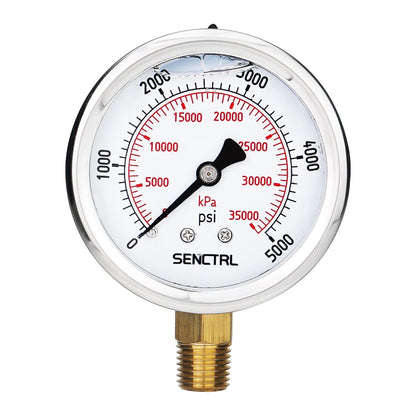 SENCTRL 5000 Psi Glycerin Liquid Filled Hydraulic High Pressure Gauge, 2.5" Dial Size, 1/4" NPT Lower Mount, Stainless Steel Case, for Air Gas Water Oil Pressure Test
