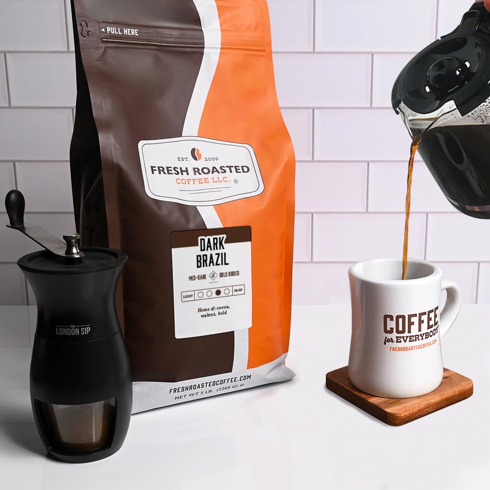 Fresh Roasted Coffee, Dark Brazil, 5 lb (80 oz), Med-Dark Roast, Kosher, Ground