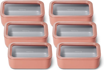 Caraway 6pc Glass Food Storage Set – 6.6 Cup Food Containers (6) - Ceramic Coated - Non Toxic, Non Stick with Lids - Microwave Safe - Perracotta