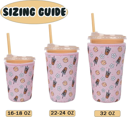 Reusable Insulated Neoprene Iced Coffee Cup Sleeve, Durable Drink Sleeve for Cold Beverages, Beverage Holder for Iced Coffee, Pink Coffee