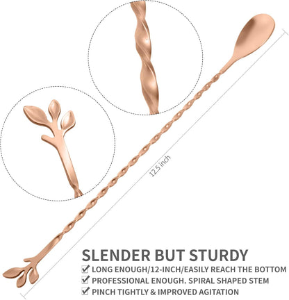 AnSaw Rose Gold 12-Inch Stainless Steel Cocktail Spoon with Leaf Handle - Perfect for Mixing & Layering Drinks in Tall Cups, Bar & Shakers - Durable Long Handle Bar Stirrer,1-Pieces