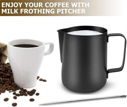 CAMKYDE Stainless Steel Milk Frothing Pitcher 20 oz, Espresso Steaming Pitcher with Decorating Pen for Espresso Machines, Cappuccino, Latte Art (Matte Black)
