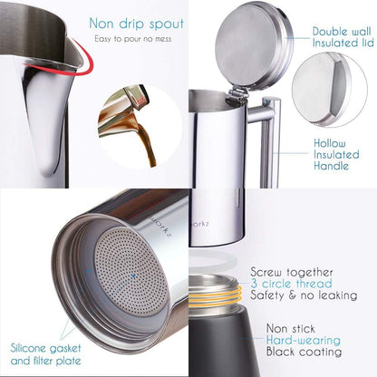 Easyworkz Diego Stovetop Espresso Maker Stainless Steel Italian Coffee Machine Maker 6Cup 10 oz Moka Pot Induction Espresso Pot