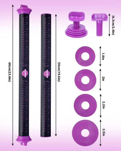 Silicone Rolling Pin with Thickness Rings, Adjustable Designs for Fondant, Cookie Decorating, Pasta, Pizza, 23.6 inch Purple Large Long Pin