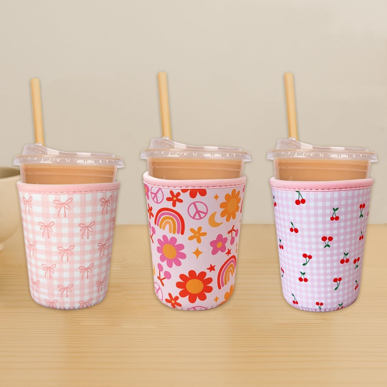Reusable Insulated Neoprene Iced Coffee Cup Sleeve, Durable Drink Sleeve for Cold Beverages, Beverage Holder for Iced Coffee, Lovely Bows