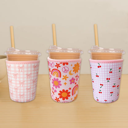 Reusable Insulated Neoprene Iced Coffee Cup Sleeve, Durable Drink Sleeve for Cold Beverages, Beverage Holder for Iced Coffee, Lovely Bows