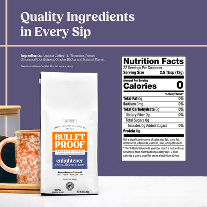 Bulletproof The Enlightener Ground Coffee, 10 Ounces, Medium-Dark Roast Enhanced Coffee with L-Theanine, Panax Ginseng and Gingko Biloba, Supports Mental Clarity, Focus, and Memory