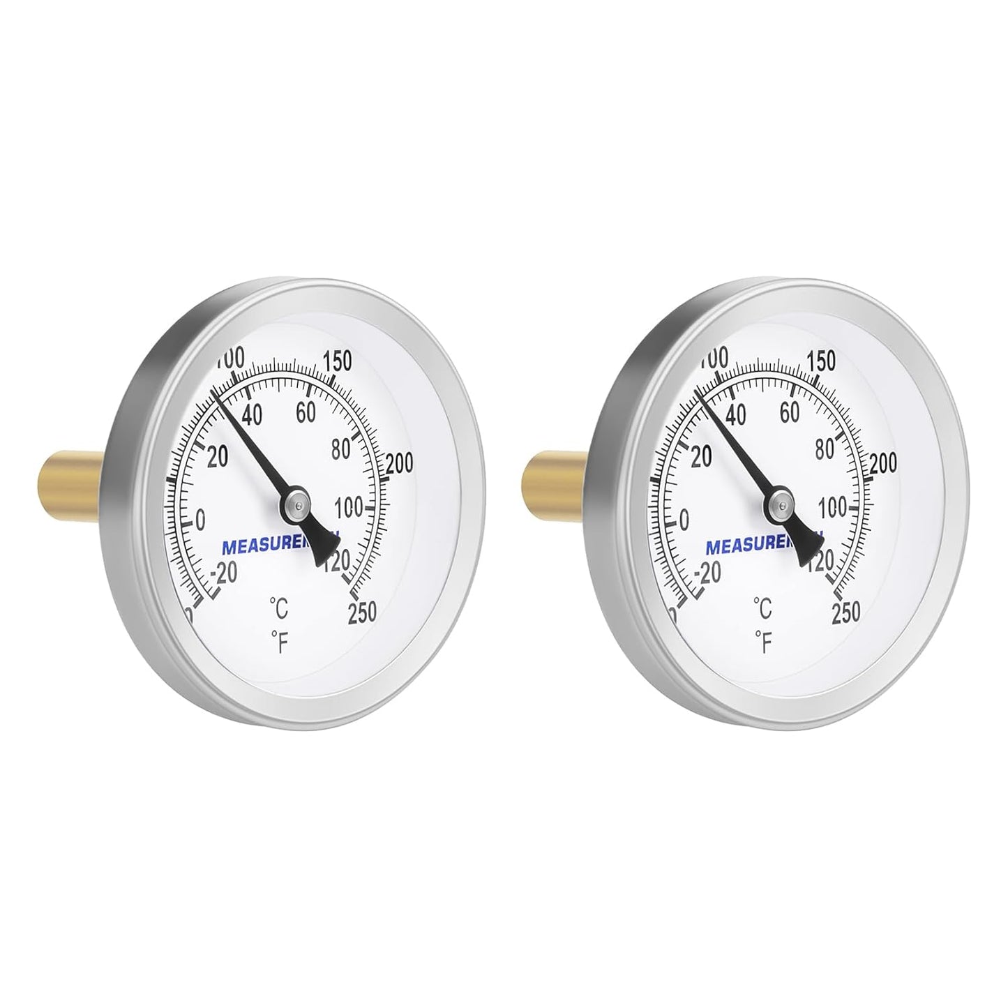 MEASUREMAN Hot Water Bi-Metal Thermometer, 2-1/2" Dial, 1-3/4" Lead-Free Brass Stem, Range 0-250 deg F/-20-120 deg C, 2% Accuracy, Adjustable, 1/2" NPT Back Mount（2 Pack