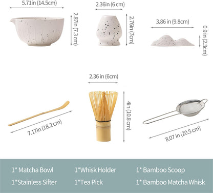 7Pcs Japanese Matcha Tea Set, Matcha Kit with Matcha Bowl (with Pouring Spout), Matcha Whisk, Whisk Holder, Strainer - Elegant Matcha Set for Gifting and Personal Use, Gift Box Packaging (white)