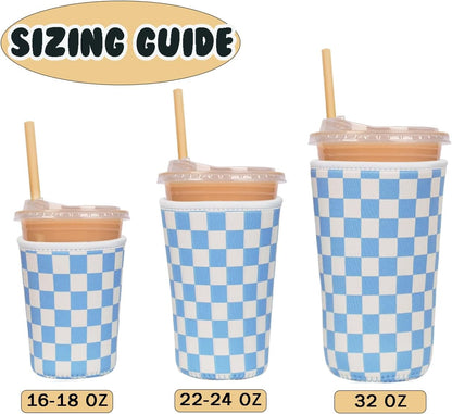 Reusable Insulated Neoprene Iced Coffee Cup Sleeve, Durable Drink Sleeve for Cold Beverages, Beverage Holder for Iced Coffee, Blue Grid