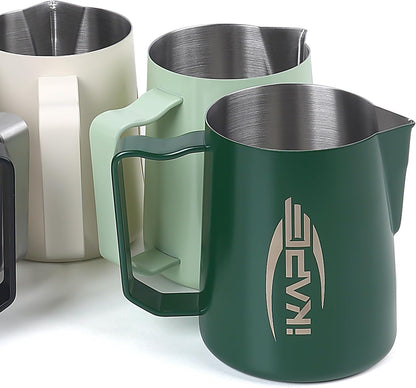 IKAPE Espresso Milk Pitcher, Espresso Steaming Pitcher with Sharp Spout for Espresso Barista Tool, 15.4 oz/450ml Milk Frothing Jug (Green)