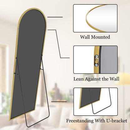 VooBang Arch Mirror Full Length, 26" x 71" Floor Mirror with Stand, Aluminum Alloy Frame Full Body Mirror, Standing Hanging or Leaning Against Wall for Bedroom and Living Room, Gold