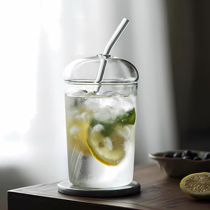 16oz Glass Cup with Glass Lid & Straw - Drinking Glasses for Iced Coffee, Bubble Tea, Matcha, Smoothie, Soda, Water - BPA-Free Glassware with Cleaning Brush, Dishwasher Safe