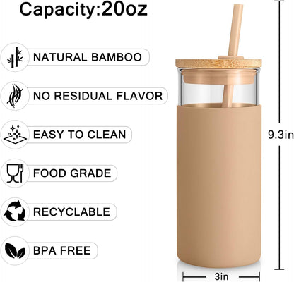 Tronco 20oz Glass Tumbler Glass Water Bottle Straw Silicone Protective Sleeve Bamboo Lid - BPA Free (Dot Pink/ 1 Pack)