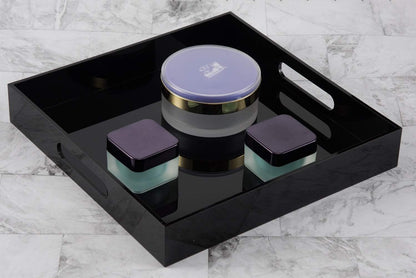 Glossy Black Sturdy Acrylic Serving Tray with Handles - 12x12 Inch Multipurpose Tray for Coffee, Appetizers, Breakfast, and More