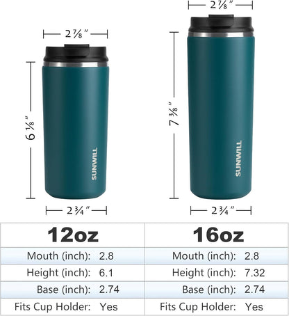 SUNWILL Insulated Coffee Mug with Lid, Leak Proof Tumbler Stainless Steel, 12 oz Travel Cup for Office, Home, Powder Coated Peacock Blue