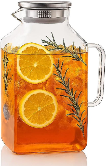 Glass Pitcher, 3.6L Glass Water Pitcher with Tight Stainless Steel Lid, Heat Resistant Borosilicate Glass Carafe, Temperature Safe (MG10)