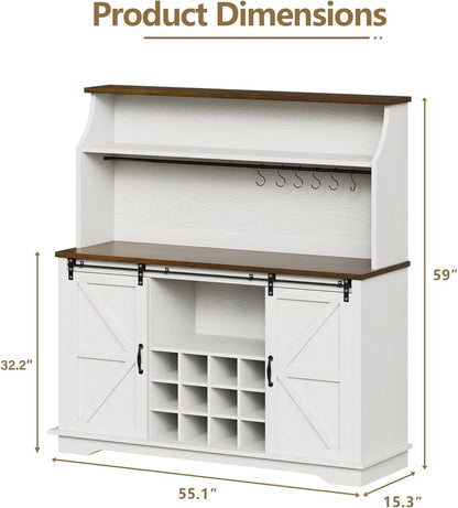 55 Inch Farmhouse Coffee Bar Cabinet with 3-Tier Enclosed Storage Cabinet, Kitchen Hutch with 12 Wine Racks & 3 Glass Holders, Coffee Bar with 6 Hooks, Wood Furniture for Dining Living Room, White