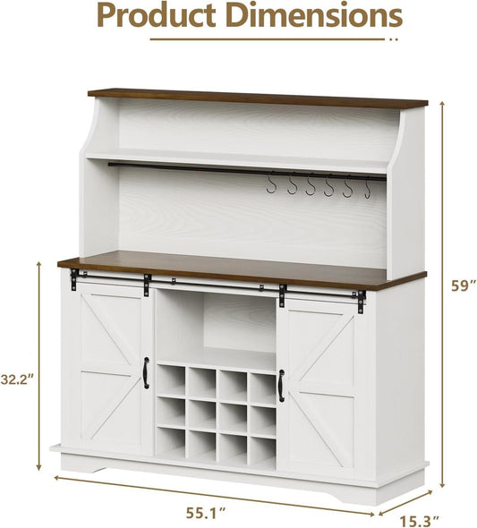55 Inch Farmhouse Coffee Bar Cabinet with 3-Tier Enclosed Storage Cabinet, Kitchen Hutch with 12 Wine Racks & 3 Glass Holders, Coffee Bar with 6 Hooks, Wood Furniture for Dining Living Room, White