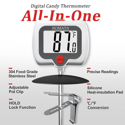 BOMATA Digital Candy Thermometer with Pot Clip, Deep Fry Oil Thermometer with Rotatable Display & Long Probe, for Candy Candle Making, Cooking, Food, Liquids, Water, Sugar.. White