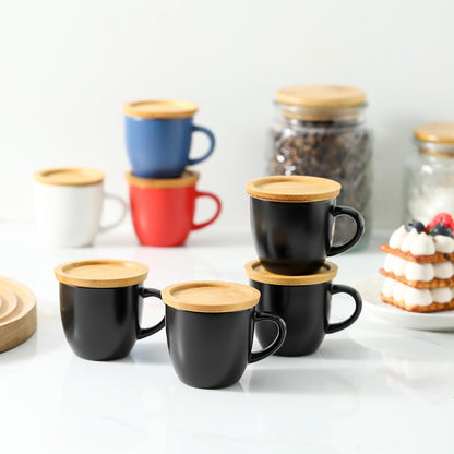 Hasense 4 OZ Espresso Cups and Saucers Set of 6, Demitasse Cups with Handle for Latte, Cappuccino, Cafe Mocha and Tea, Porcelain Coffee Cups for Coffee Bar and Party, Black