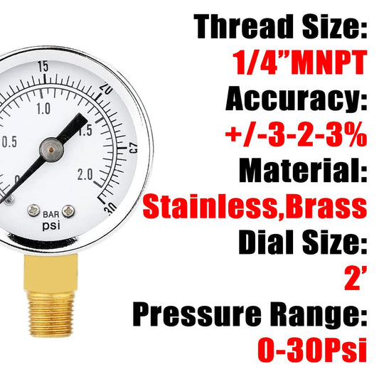 1/4" NPT 30Psi Steel Economical All Purpose Pressure Gauge with Brass Internals 2" Dial Display Bottom Mount